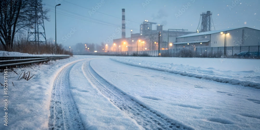 Obraz premium Snowy railway tracks and industrial buildings create a cold atmospheric view