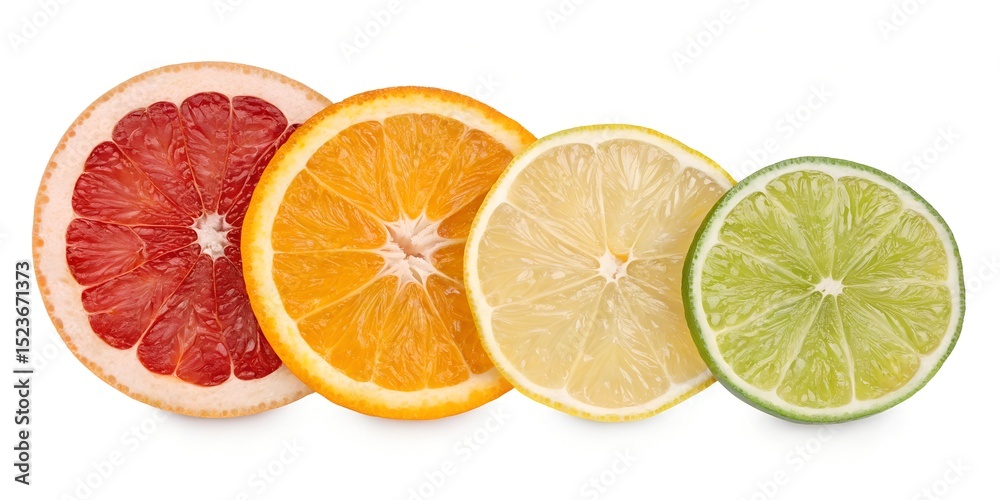Fototapeta premium Vibrant Citrus Fruits Sliced Citrus Oranges Lemons and Limes for Refreshing Juices