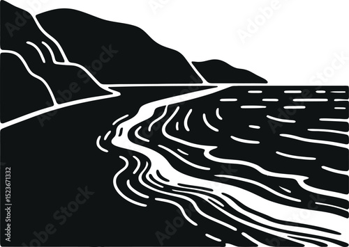 Coastal Landscape Black and White Illustration of a Serene Beach Scene
