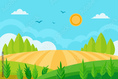 This is a cartoon illustration of a green summer field on a sunny day