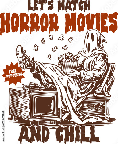 Let’s Watch Horror Movies and Chill – Funny Ghost Watching TV with Popcorn, Ghost Boo Sheet Halloween Shirt Design 