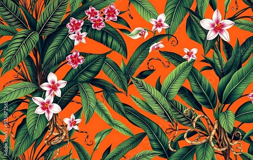 Tropical leaves flowers pattern wallpaper background jungle foliage botanical design art photo