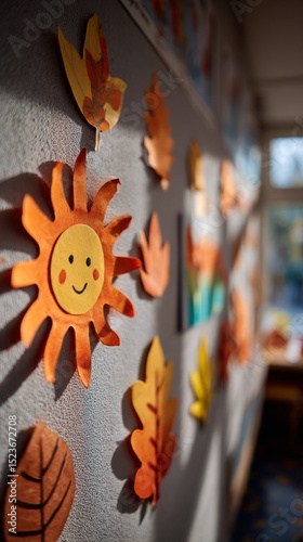 Colorful autumn crafts displayed on classroom wall with sun motif  