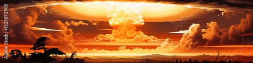 A colossal mushroom cloud erupts in a fiery sky, the terrifying aftermath of a nuclear explosion. The devastated landscape below underscores the immense power and destructive force unleashed.
