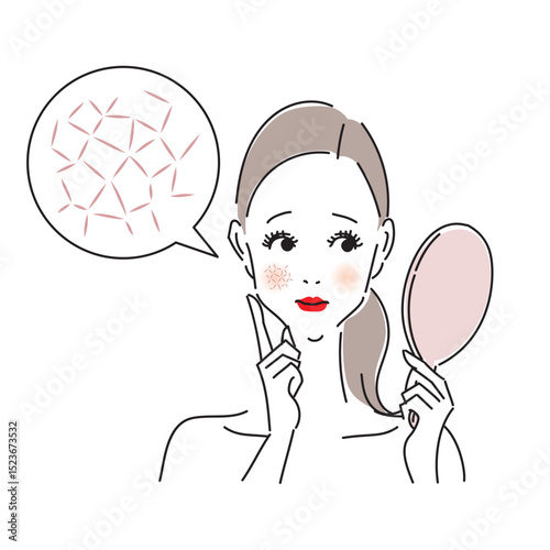 手鏡でお肌の乾燥や小シワをチェックしている悩める女性