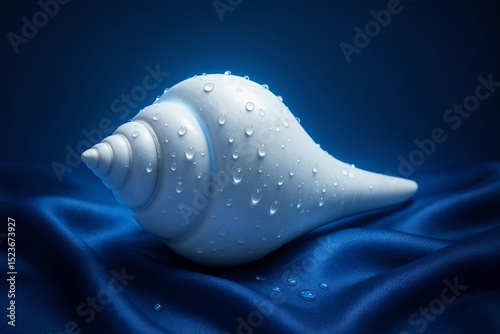 Sacred White Shankha (Conch Shell) with Water Droplets on Blue Silk Background
