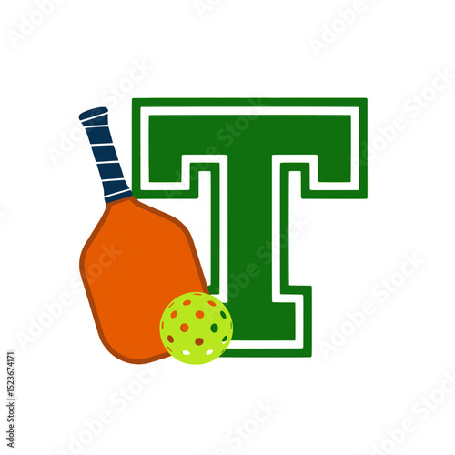 Pickleball paddle and ball with varsity T, Orange pickleball paddle and bright green perforated ball resting against a bold varsity-style green letter T on a light background.

