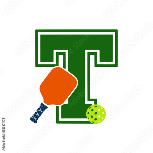 Pickleball paddle and ball with varsity T, Orange pickleball paddle and bright green perforated ball resting against a bold varsity-style green letter T on a light background.

