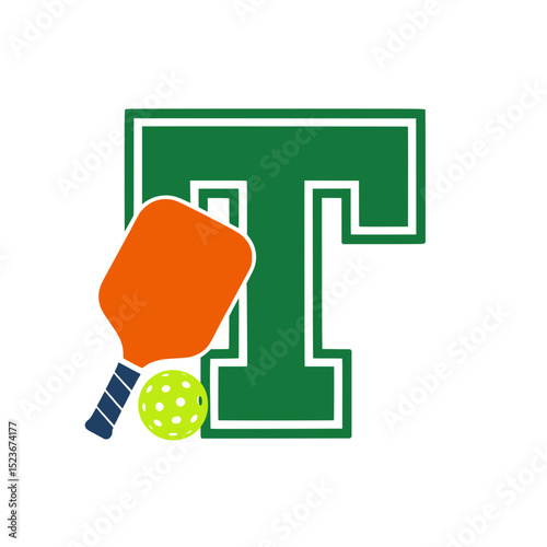 Pickleball paddle and ball with varsity T, Orange pickleball paddle and bright green perforated ball resting against a bold varsity-style green letter T on a light background.

