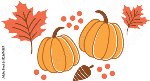 Autumnal illustration with pumpkins leaves and fall harvest decorative elements