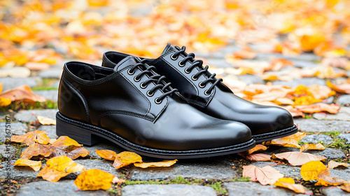 Black Leather Brogues On Cobblestones With Autumn Leaves