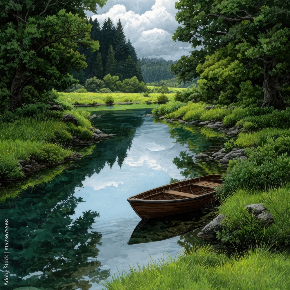 Fototapeta premium Boating adventure on serene river lush green landscape nature photography tranquil environment scenic viewpoint