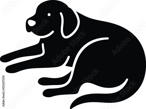 A simple black silhouette of a dog lying down with its front paws extended in a relaxed position