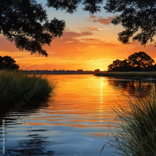 Sunset reflection over calm water scenic landscape nature photography tranquil environment wide viewpoint
