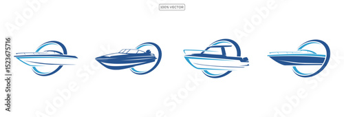 set of Sail Boat Ship Vessel and sea wave vector logo design