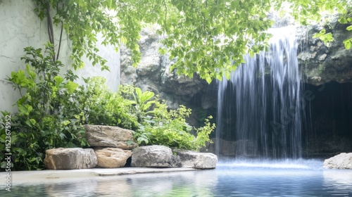A waterfall cascading down a rocky cliff into a crystal-clear pool below, surrounded by vibrant green foliage. 