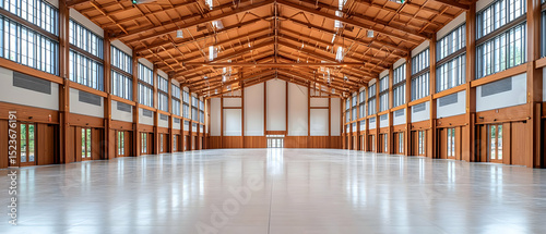 Spacious Empty Wooden Hallway With Large Windows