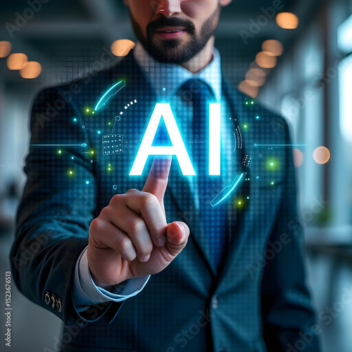 Conceptual photo of businessman interacting with glowing AI icon, representing artificial intelligence technology and future business innovation