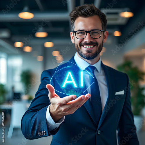 Businessman Presenting Artificial Intelligence Concept on virtual screen in Office