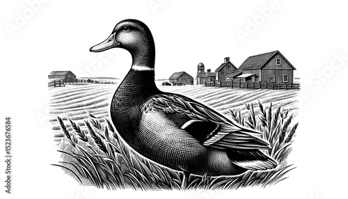 Mallard duck near farm. Detailed illustration of mallard duck in monochrome style.  Image of mallard duck perfect for cookbook, restaurant menu or farm shop branding.