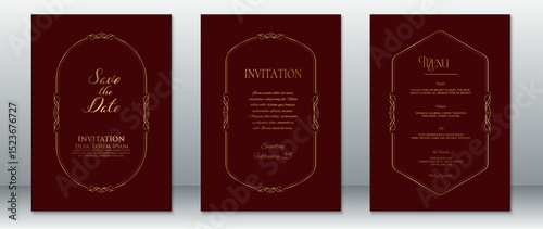 Sophisticated wedding invitation set in deep burgundy and gold with ornate frame lines and classic serif typography. Includes Save the Date, main invitation, and menu card layouts.  