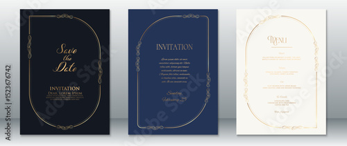 Stylish wedding invitation suite featuring deep navy blue and royal blue tones with gold decorative frames, complemented by an elegant cream menu card.