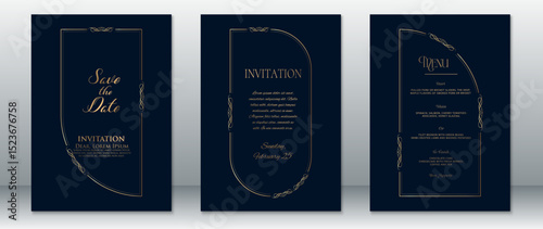 Refined wedding invitation set featuring a deep navy background and classic gold flourishes. Includes Save the Date, formal invitation, and menu card designs — ideal for luxurious evening wedding