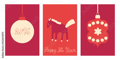 Happy 2026 New Year of Horse posters collection. Hand drawn vector illustration for greeting cards, party invitation, banner, social media, marketing.