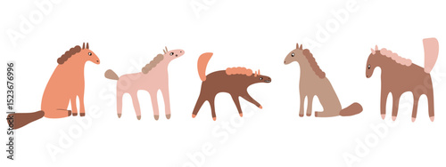 Vector graphic clipart with doodle silhouettes horses. Hand drawn cartoon animals collection. Perfect for tee, poster, card, sticker.