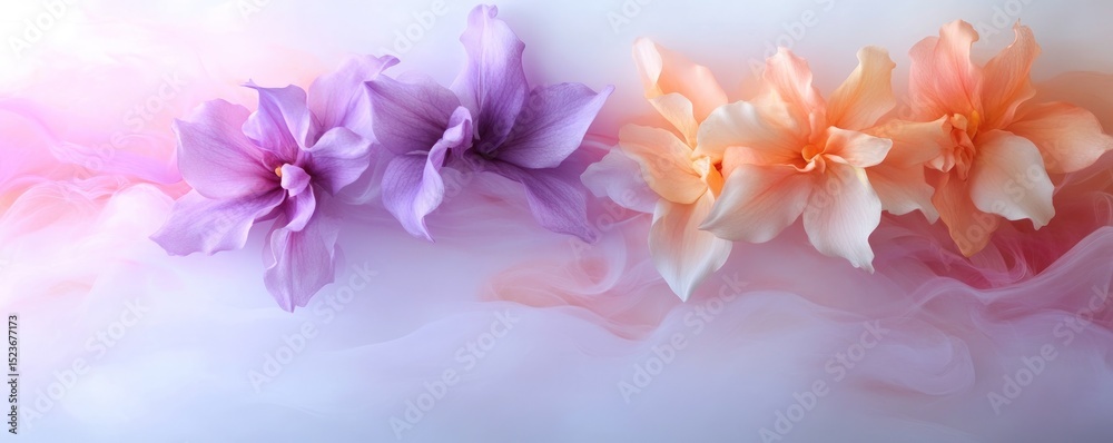 Obraz premium Pastel flower arrangement on sheer fabric background