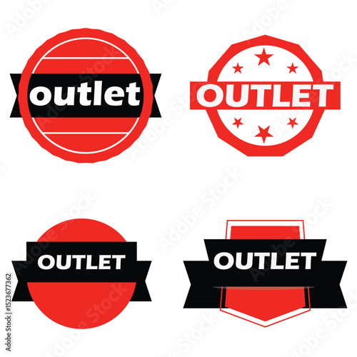 Outlet Sale Badges Vector Illustration Set - Red and Black Discount Labels for Retail Promotions and Clearance Sales