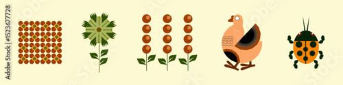 Agriculture and farming. Ukrainian national artistic style Petrykiv painting. Floral pattern. Scandinavian style. The concept of ecological farming and poultry farming. Green and peach illustration.ai