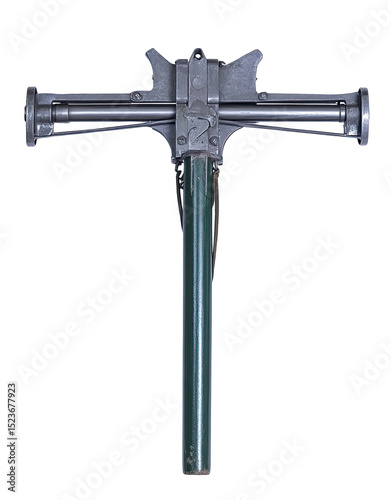 Metal support structure, likely for a machine or vehicle.  Two long, light gray rods extend from a central, darker gray crosspiece, with dark green support components