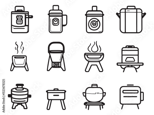 Travel Stove Minimalist 2D Line Art Set 