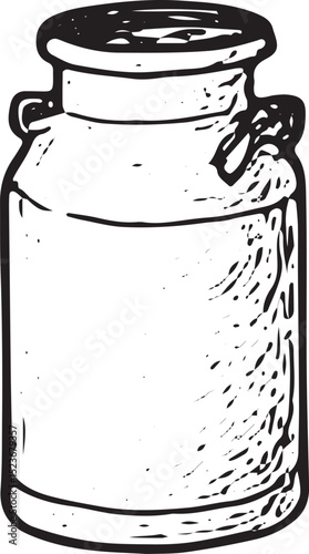 A black-and-white illustration of a milk jar, representing dairy farm produce. Ideal for agricultural art, rural designs, or food-themed projects