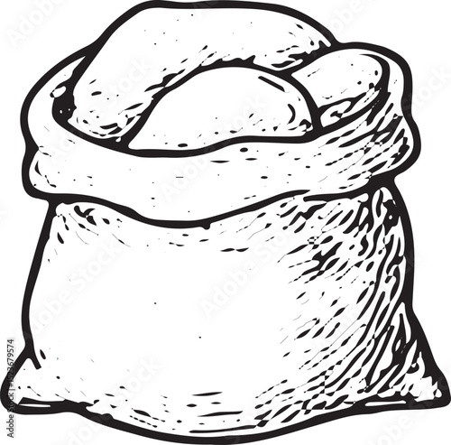 A detailed black-and-white sketch of a rustic sack filled with potatoes, tied with a knot, symbolizing farm harvest. Ideal for agricultural designs, rural market art, or organic produce illustrations