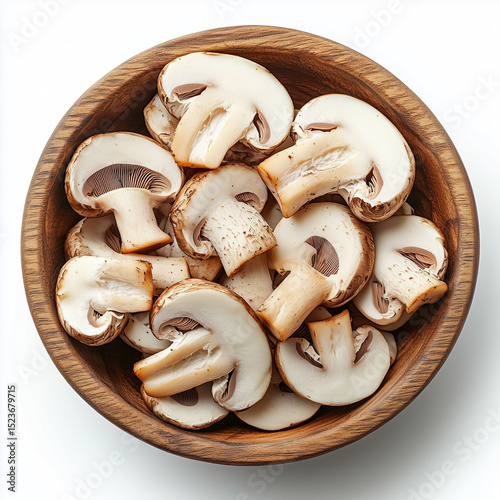 A wooden bowl filled with sliced white mushrooms displayed against a white background in a top view shot
