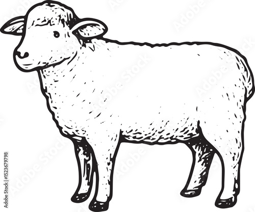 A black-and-white illustration of a sheep, depicting farm livestock. Ideal for agricultural art, rural designs, or farm animal projects