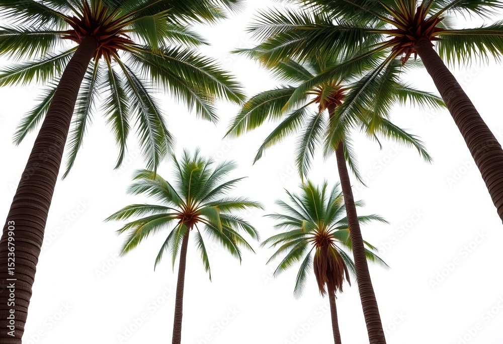 Fototapeta premium Four majestic coconut palm trees stand in isolation against a bright white backdrop, illustration, isolated