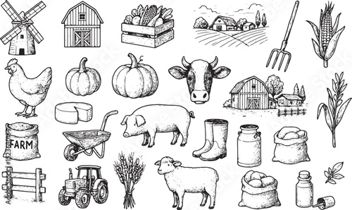 A charming black-and-white illustration featuring farm elements like barns, windmills, tractors, animals (cows, pigs, sheep, chickens), crops (corn, pumpkins, wheat), and farming tools (pitchfork, whe