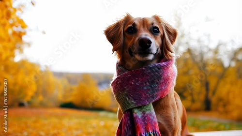 A dog with a scarf sitting on a wooden deck in the fall. photo