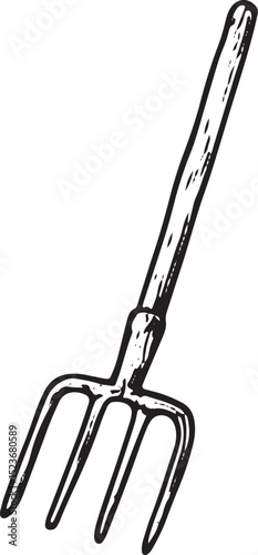 A black-and-white drawing of a sturdy pitchfork, a classic farming tool for hay and soil. Ideal for agricultural illustrations, rural designs, or farm equipment artwork