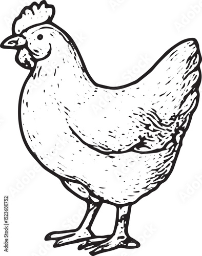 A detailed black-and-white illustration of a chicken, representing farm poultry. Ideal for agricultural art, rural designs, or farm animal-themed projects