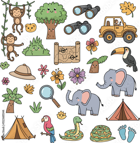 Cute cartoon animal camping icon set with dogs cats bears elephants and more