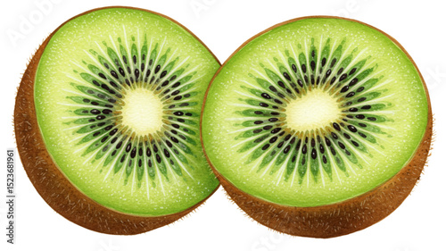 Close-Up of Two Sliced Kiwi Fruits Isolated on White Background