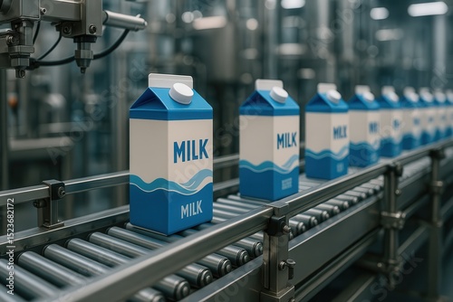 Milk cartons travel on a factory conveyor, emphasizing production, food packaging, and efficiency in modern dairy manufacturing operations.
