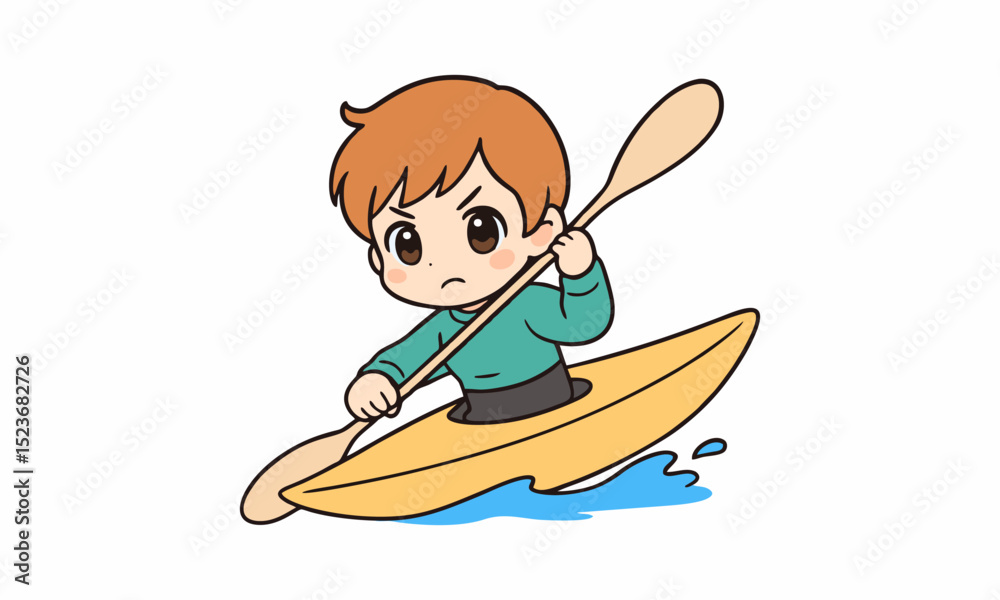 Naklejka premium cute man kayaker character kayaking, riding and paddling boat canoe in sea waves cartoon illustration