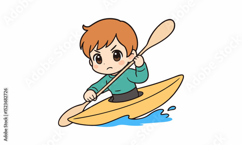 cute man kayaker character kayaking, riding and paddling boat canoe in sea waves cartoon illustration