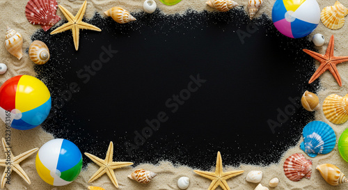 Tropical Beach Scene with Starfish Shells and Beach Balls