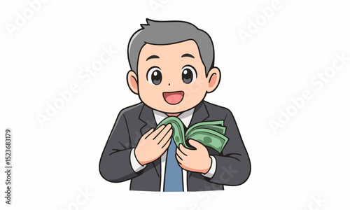 cute businessman counting money with smile expression